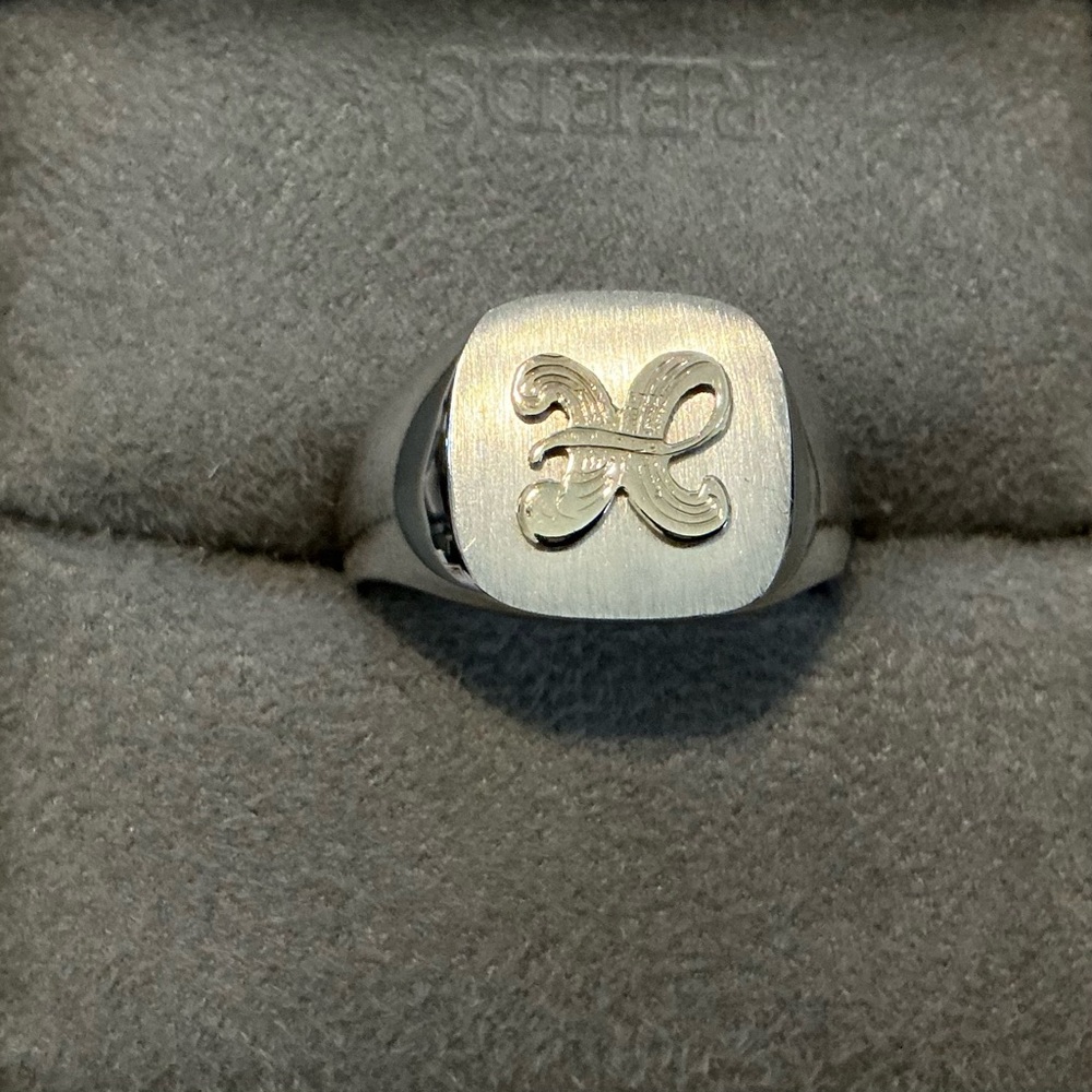 Men's 14K Antique Initial H On Sterling Silver Signet Ring